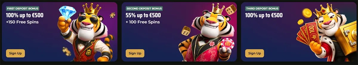Three promotional tiles for Royal Tiger casino outlining a tiered welcome bonus: a 100% first deposit bonus up to €500 plus 150 free spins, a 55% second deposit bonus up to €500 plus 100 free spins, and a 100% third deposit bonus up to €500.