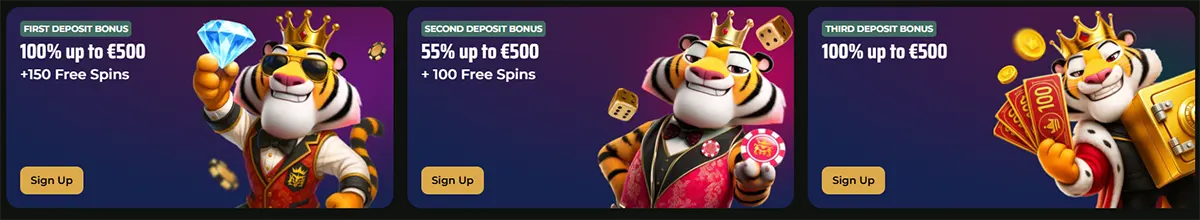 Three promotional tiles for Royal Tiger casino outlining a tiered welcome bonus: a 100% first deposit bonus up to €500 plus 150 free spins, a 55% second deposit bonus up to €500 plus 100 free spins, and a 100% third deposit bonus up to €500.