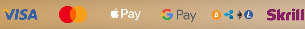 A row of secure payment method logos including Visa, Mastercard, Apple Pay, Google Pay, various cryptocurrencies (Bitcoin, Ripple, Ethereum, Litecoin), and Skrill on a gold gradient background.