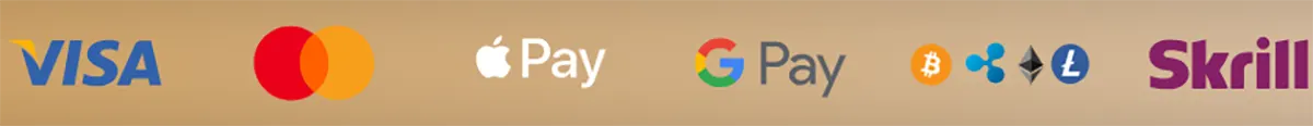 A row of secure payment method logos including Visa, Mastercard, Apple Pay, Google Pay, various cryptocurrencies (Bitcoin, Ripple, Ethereum, Litecoin), and Skrill on a gold gradient background.