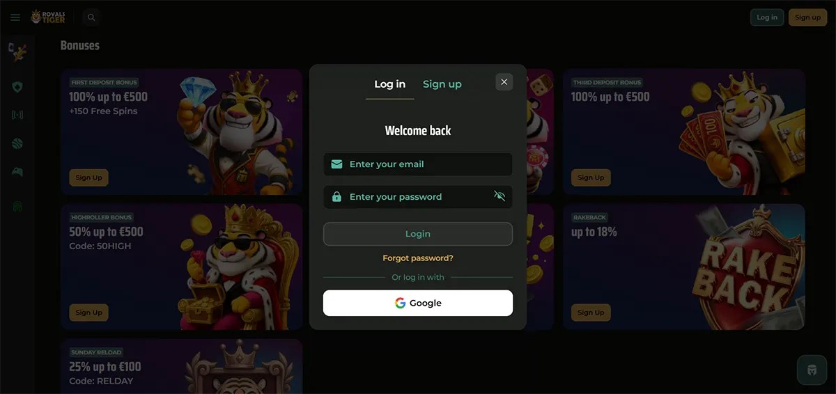 An English login pop-up for Royal Tiger casino featuring 