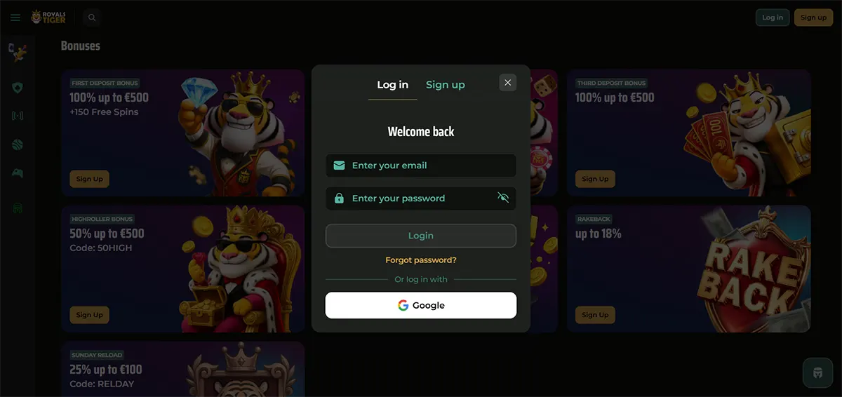 An English login pop-up for Royal Tiger casino featuring 